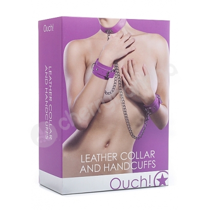 Ouch Purple Leather Collar And Handcuffs