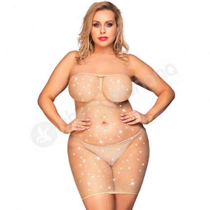 Cherry Banana Plus Size Beige Fishnet With Sparkles Strapless Mini Dress