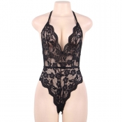 Cherry Banana Black Floral Lace Bodysuit With Adjustable Neck & Back Straps