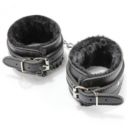 Cherry Banana Dare Black Faux Leather Fluffy Ankle Cuffs