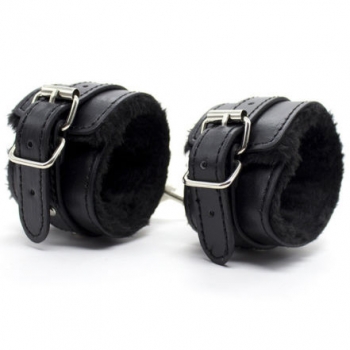 Cherry Banana Dare Black Faux Leather Fluffy Wrist Cuffs