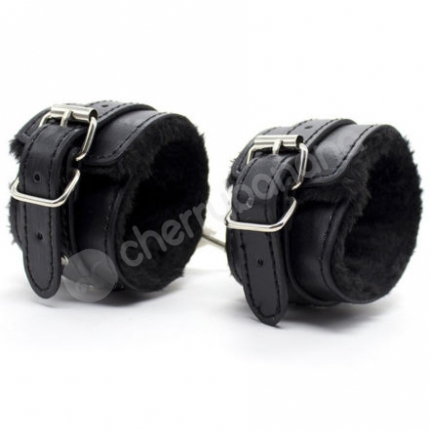 Cherry Banana Dare Black Faux Leather Fluffy Wrist Cuffs Cherry Banana Dare Black Faux Leather Fluffy Wrist Cuffs
