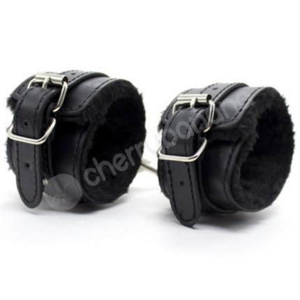 Cherry Banana Dare Black Faux Leather Fluffy Wrist Cuffs