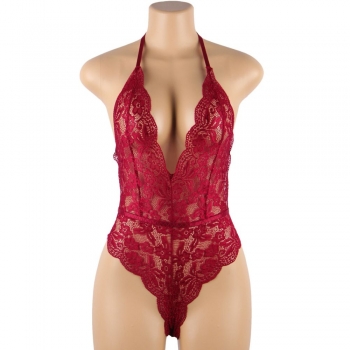 Cherry Banana Dark Red Floral Lace Bodysuit With Adjustable Neck & Back Straps