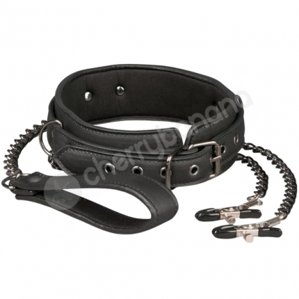 Fetish Collection Black Faux Leather Collar & Lead With Nipple Chain & Clamps