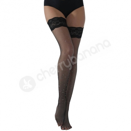 Cherry Banana Black Non-Slip Lace Top Fishnet Stockings With Rhinestones