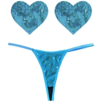 Neva Nude Mahi Mahi Blue Sequin G-string & Heart Pastie Set