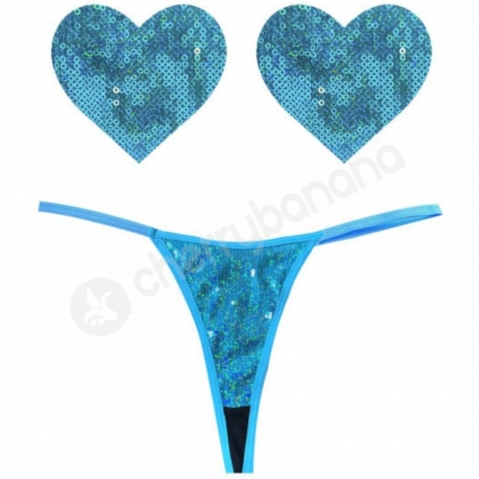 Neva Nude Mahi Mahi Blue Sequin G-string & Heart Pastie Set