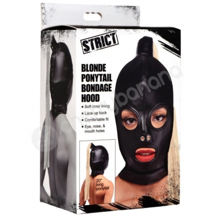 Strict Black Bondage Hood With Attached Blonde Wig Ponytail