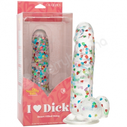 Naughty Bits I Love Dick Dildo Heart-Filled Confetti Clear Dong