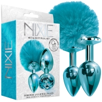 Nixie Blue Metallic Metal Pom Pom & Jewel Inlaid Butt Plug Set