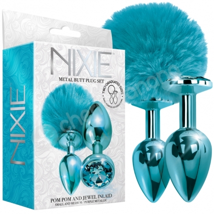 Nixie Blue Metallic Metal Pom Pom & Jewel Inlaid Butt Plug Set