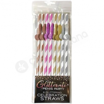 Glitterati Metallic Tall Straws With Glitter Penis Appliques - 8pk
