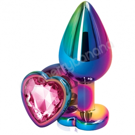 Rear Assets Rainbow Metal 2.4" Butt Plug With Pink Heart Gem