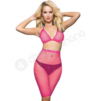 Cherry Banana Pink & Rhinestone Fishnet Bikini Style Top & Shorts Set 