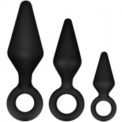 Anal Adventures Platinum Silicone Black Anal Plugs With Loop 3 Size Kit