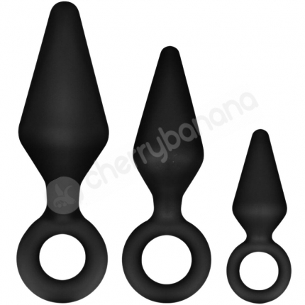 Anal Adventures Platinum Silicone Black Anal Plugs With Loop 3 Size Kit