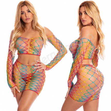 Pink Lipstick Pot Of Gold 2 Piece Rainbow Skirt Set O/S