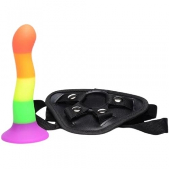 Strap-U Proud Rainbow Dildo With Black Adjustable Harness Strap On Set With Bullet Vibe