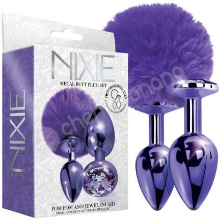 Nixie Purple Metallic Metal Pom Pom & Jewel Inlaid Butt Plug Set