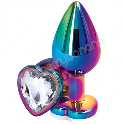 Rear Assets Rainbow Metal 2.4" Butt Plug With Clear Heart Gem
