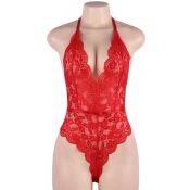 Cherry Banana Red Floral Lace Bodysuit With Adjustable Neck & Back Straps