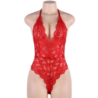 Cherry Banana Red Floral Lace Bodysuit With Adjustable Neck & Back Straps