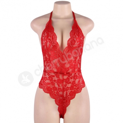 Cherry Banana Red Floral Lace Bodysuit With Adjustable Neck & Back Straps