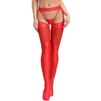 Cherry Banana Red Faux Leather Suspender Stockings With Attached G-String