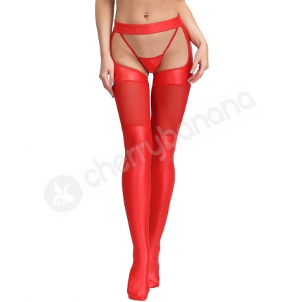 Cherry Banana Red Faux Leather Suspender Stockings With Attached G-String