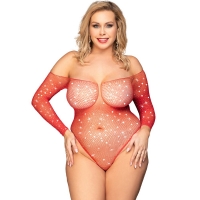 Cherry Banana Plus Size Red & Rhinestone Fishnet Long Sleeve Bodysuit