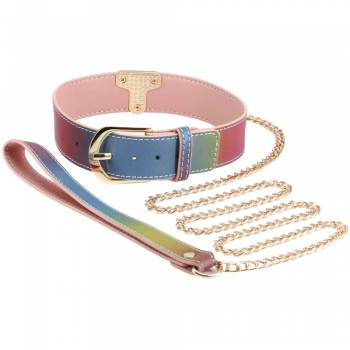 Spectra Bondage Rainbow & Gold Collar With Leash