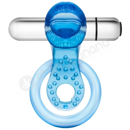 Stay Hard 10 Function Blue Vibrating Tongue Cock Ring With Ball Strap