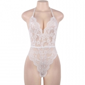 Cherry Banana White Floral Lace Bodysuit With Adjustable Neck & Back Straps