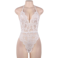 Cherry Banana White Floral Lace Bodysuit With Adjustable Neck & Back Straps