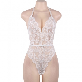 Cherry Banana White Floral Lace Bodysuit With Adjustable Neck & Back Straps