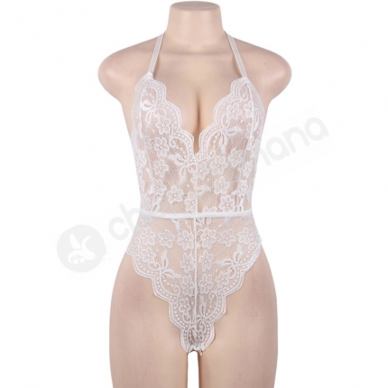 Cherry Banana White Floral Lace Bodysuit With Adjustable Neck & Back Straps