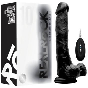 Realrock Vibrating 10'' Black Realistic Cock With Scrotum