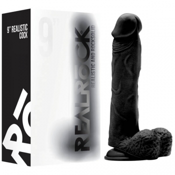 Realrock 9'' Black Realistic Cock With Scrotum