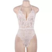 Cherry Banana White Floral Lace Bodysuit With Adjustable Neck & Back Straps